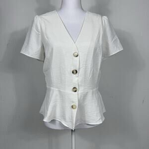 Women’s Top Button Up Short Sleeve Peplum White Large Cottagecore Office Siren